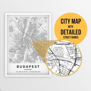 Mapa para impressão de Budapeste, Hungria com nomes de ruas - download instantâneo \ Mapa da cidade \ Presente de viagem \ Cartaz da cidade \ Impressão de mapa de estradas \ Arte de parede