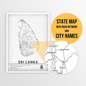 SriLanka Landkarte mit Städtenamen und Straßen - Sofort Download \ Country Map // Wand Kunst // Reiseplaner // Poster