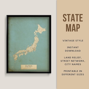 Mappa del Giappone in stile vintage, poster stampabile del Giappone - Download immediato, mappa stradale, poster con mappa, stile antico, regalo di Tokyo in Giappone, mappa stradale del Giappone