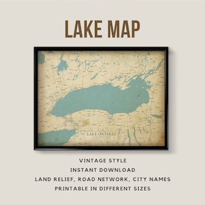 Mapa de estilo vintage del lago Ontario, Canadá - Estados Unidos con nombres de ciudades - Descarga instantánea \ Mapa de calles \ Arte de pared \ Póster imprimible