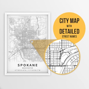 Mapa para impressão de Spokane, Washington, EUA com nomes de ruas - download instantâneo \ Mapa da cidade \ Presente de viagem \ Cartaz da cidade \ Impressão de mapa de estradas