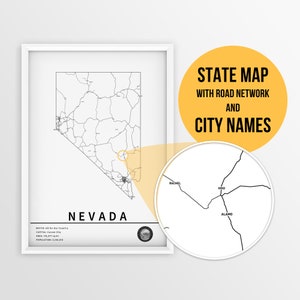 Carte imprimable du Nevada aux États-Unis avec les noms des villes et des routes - téléchargement immédiat \ State Map \ Map Art \ Push Pin Map \ Travel Planner
