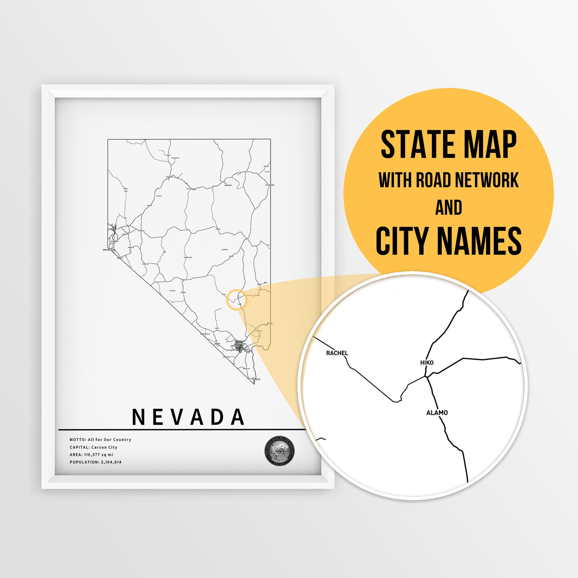 Printable Map of Nevada United States with city names and roads - Instant Download \ State Map \ Map Art \ Push Pin Map \ Travel Planner