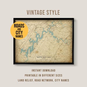 Watts Bar Lake Vintage Style Map, Printable Tennessee Lake House Poster (Instant Download)