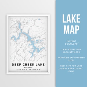 Mapa imprimible de Deep Creek Lake, Maryland, EE. UU. - Descarga instantánea \ Mapa del lago \ Cartel del mapa \ Decoración de la casa del lago \ LakeLife \ Pesca \ Paseos en bote