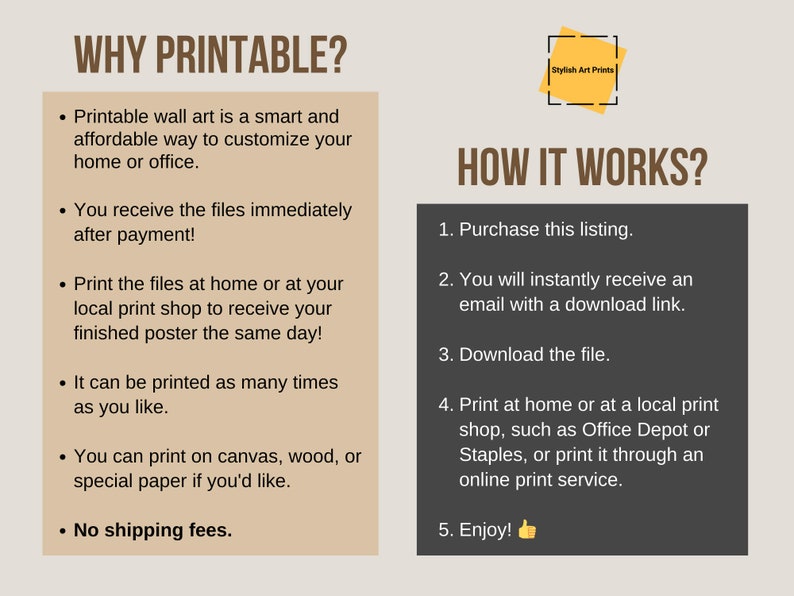 Puede incluir: Una ilustraci&oacute;n digital de un dise&ntilde;o de arte de pared imprimible. El texto "WHY PRINTABLE?" est&aacute; en la parte superior de la imagen. El texto "HOW IT WORKS?" est&aacute; en la parte superior derecha de la imagen. El texto debajo de "WHY PRINTABLE?" describe los beneficios de comprar arte de pared imprimible. El texto debajo de "HOW IT WORKS?" describe los pasos involucrados en la compra y descarga del arte de pared imprimible.