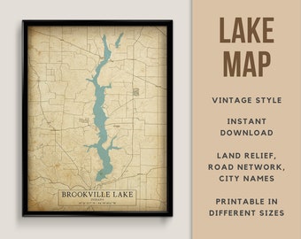 Vintage Style Map of Brookville Lake, Indiana, USA with City names - Instant Download \ Lake Map \ Wall Art \ Printable Poster \ Map Print