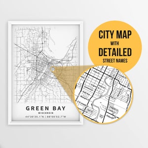 Druckbare Karte von Green Bay, Wisconsin, USA mit Straßennamen - Sofort Download \ City Map \ Travel Gift \ City Poster \ Road Map Print