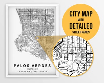 Printable Map of Rancho Palos Verdes, California, USA with Street Names - Instant Download \ City Map \ Travel Gift \ City Poster \ Road Map