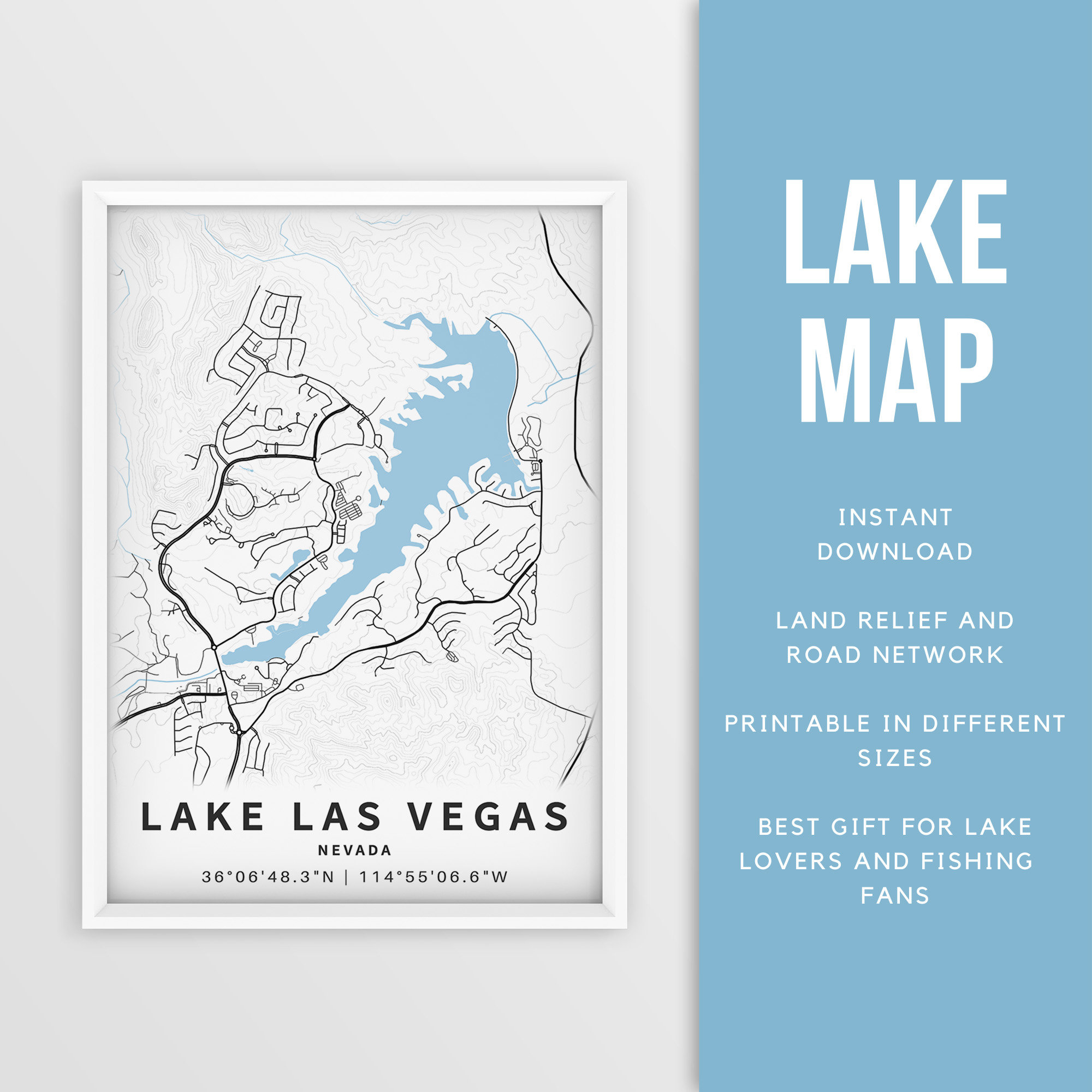 Printable Map of Lake Las Vegas, Nevada, US - Instant Download \ Lake Map \ Map Poster \ Lake House Decor \ LakeLife \ Fishing \ Boating