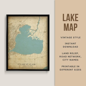 Mapa de estilo vintage del lago St. Clair, EE. UU. - Canadá, con nombres de ciudades - Descarga instantánea \ Mapa del lago \ Arte de la pared \ Cartel imprimible \ Arte rústico