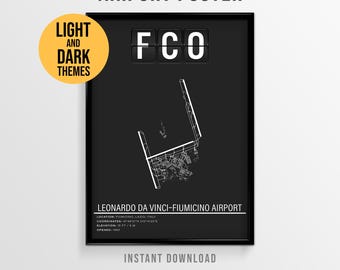 Póster del Aeropuerto Leonardo da Vinci de Roma-Fiumicino, mapa del aeropuerto FCO, viajes a Italia (descarga instantánea)