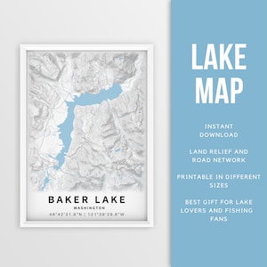 Druckbare Karte von Baker Lake, Washington, USA - Sofort Download \ Lake Map \ Map Poster \ Lake House Decor \ LakeLife \ Angeln \ Bootfahren