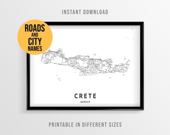 Crete Island Map Poster, Printable Greece Road Map with City Names (Instant Download)