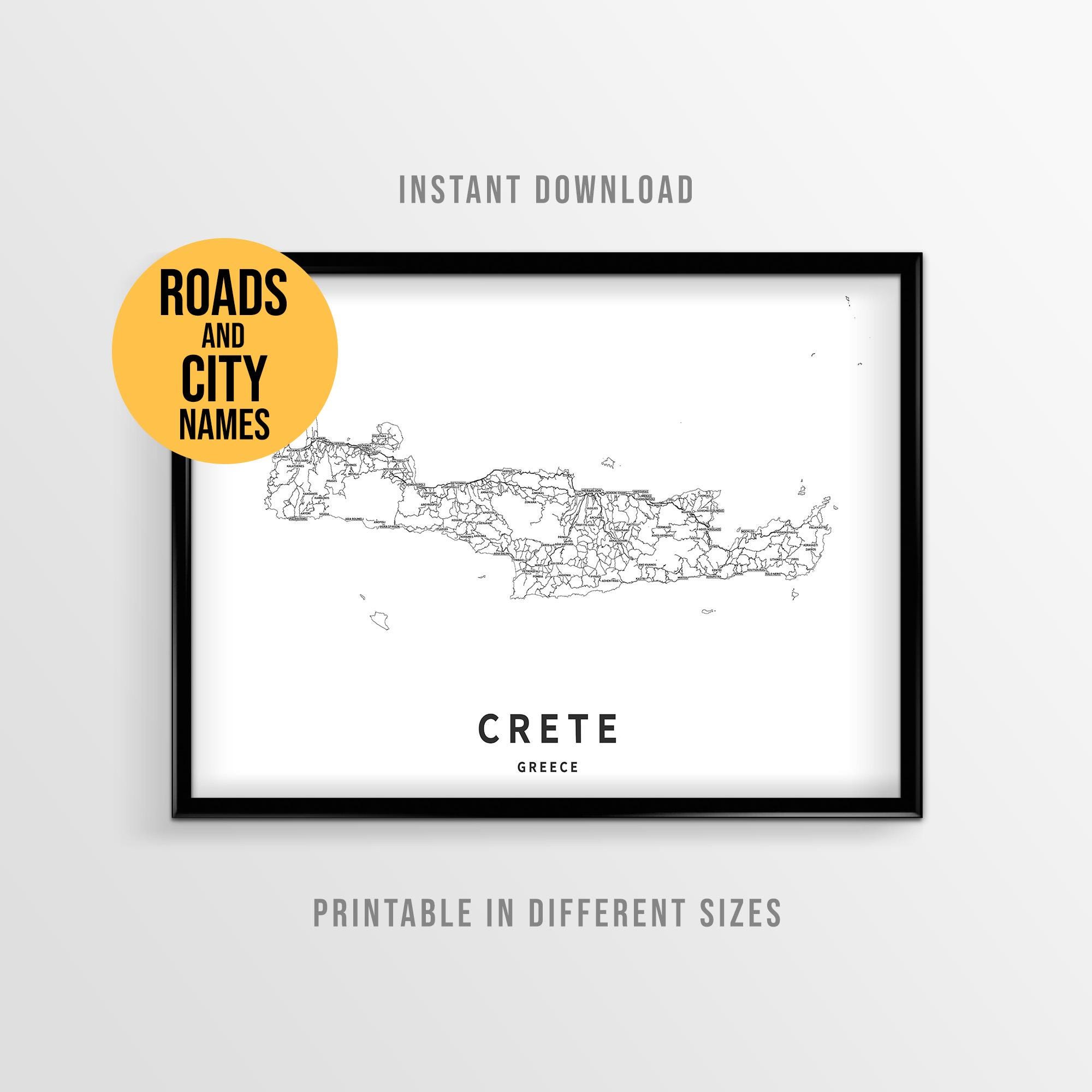 Crete Island Map Poster, Printable Greece Road Map With City Names ...