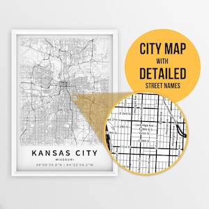 Mapa imprimible de Kansas City, Missouri, EE.UU. con nombres de calles - Descarga instantánea \ Mapa de la ciudad \ Regalo de viaje \ Cartel de la ciudad \ Impresión de hoja de ruta