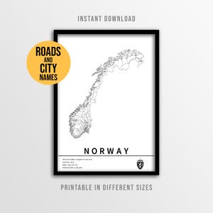 Norwegen Karte Poster, druckbare Straßenkarte mit Städtenamen (Instant Download)