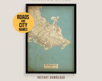 Honolulu, Hawaii, USA Vintage Stil Karte, Honolulu City Poster zum Ausdrucken (Instant Download)
