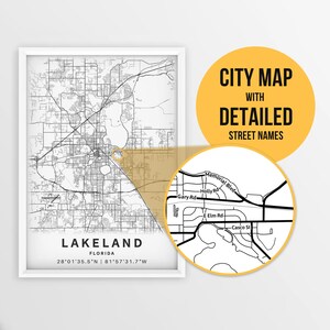 Afdrukbare kaart van Lakeland, Florida, VS met straatnamen - Instant Download \ Stadsplattegrond \ Reiscadeau \ Stadsposter \ Routekaart afdrukken