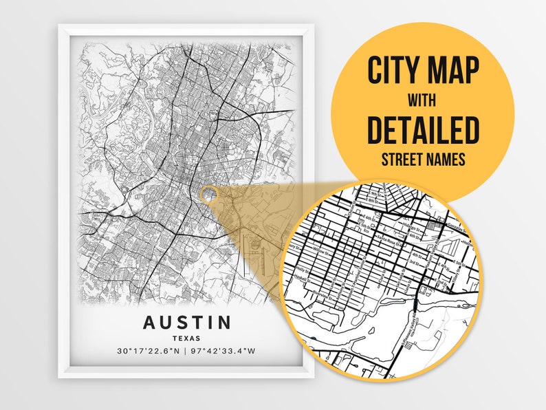 Printable Map of Austin TX Texas United States With Street - Etsy