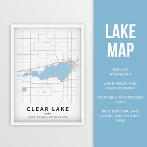 Mapa imprimible de Clear Lake, Iowa, EE. UU. - Descarga instantánea \ Mapa del lago \ Arte de la pared \ Cartel del mapa \ Decoración de la casa del lago \ LakeLife \ Pesca \ Navegación