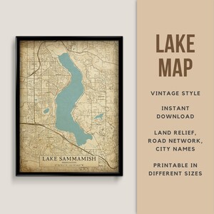 Afdrukbare kaart in vintage stijl van Lake Sammamish, Washington, Verenigde Staten - Instant Download \ Lake Map \ Wall Art \ Map Poster \ Lake Decor
