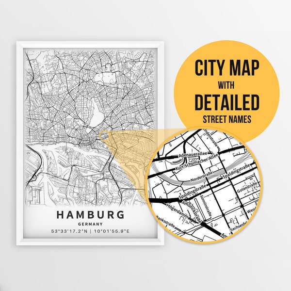 Printable Map of Hamburg, Germany with Street Names - Instant Download \ City Map \ Travel Gift \ City Poster \ Road Map Print \ Wall Art