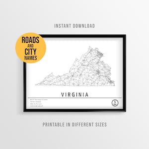 Virginia Map Poster, Printable USA Road Map with City names (Instant Download)