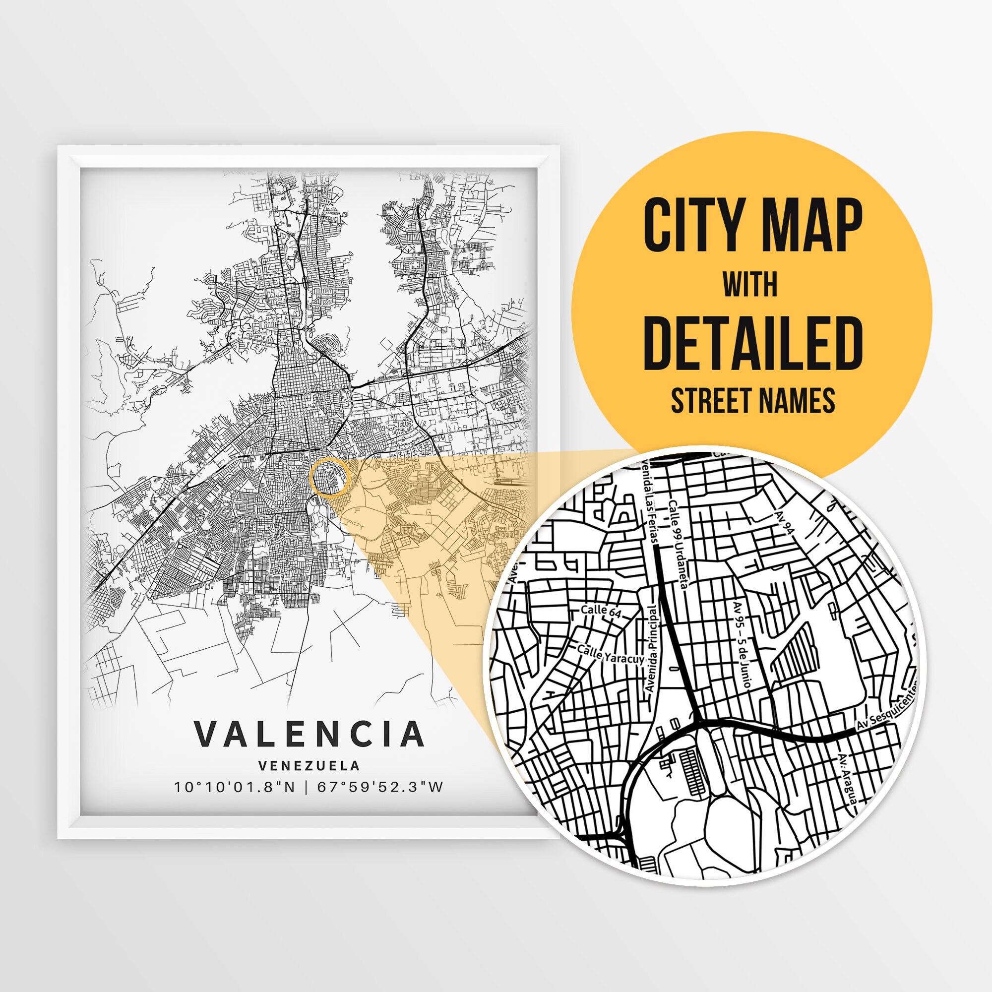 Printable Map of Valencia, Venezuela with Street Names - Instant Download \ City Map \ Travel Gift \ City Poster \ Road Map Print \ Wall Art