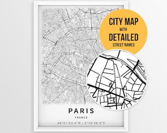 Plattegrond van Parijs, Frankrijk met straatnamen, printbare poster van Parijs (direct te downloaden)