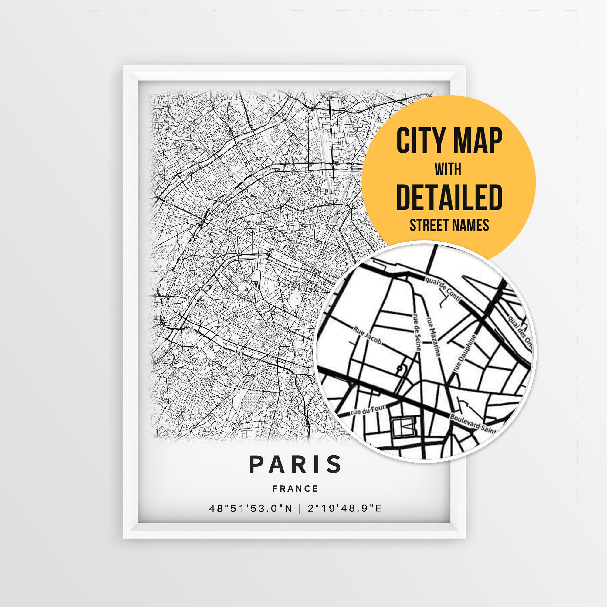 パリ（フランス）の地図（通り名入り）、印刷可能なパリ市街ポスター