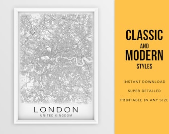 Druckbare Karte von London, England, Großbritannien - Sofort Download \ Stadtplan \ Wandkunst