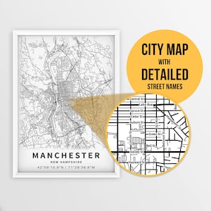 Stadtplan von Manchester, New Hampshire, USA mit Straßennamen - Sofortiger Download ""Karte"" ""Karte"""