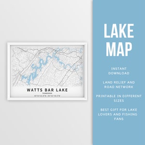 Afdrukbare kaart van Watts Bar Lake, Tennessee, VS - Instant Download \ Lake Map \ Map Poster \ Lake House Decor \ LakeLife \ Fishing \ Varen