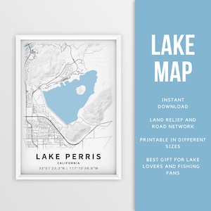Mapa imprimible del lago Perris, California, EE. UU. - Descarga instantánea \ Mapa del lago \ Cartel del mapa \ Decoración de la casa del lago \ LakeLife \ Pesca \ Paseos en bote