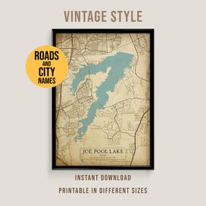 Mapa estilo vintage do Lago Joe Pool, pôster imprimível da Texas Lake House (download instantâneo)