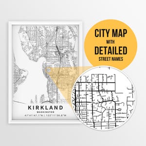 Afdrukbare kaart van Kirkland, Washington, VS met straatnamen - Instant Download \ Stadsplan \ Reiscadeau \ Stadsposter \ Wegenkaart afdrukken
