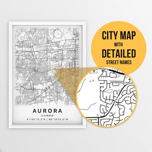 Druckbare Karte von Aurora, Illinois, USA mit Straßennamen - sofortiger Download ~ Karte ~ ~ Stadt Karte ~ Strassen Karte Print