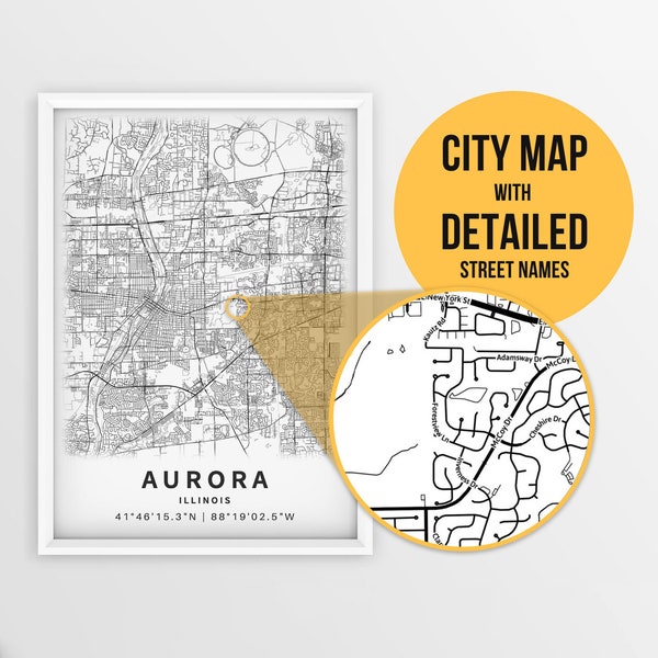 Printable Map of Aurora, Illinois, USA with Street Names - Instant Download \ City Map \ Travel Gift \ City Poster \ Road Map Print