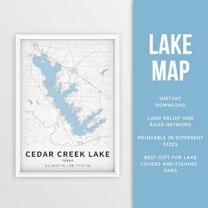 Mapa para impressão de Cedar Creek Lake, Texas, EUA - Download instantâneo \ Mapa do lago \ Cartaz do mapa \ Decoração da casa do lago \ LakeLife \ Pesca \ Passeios de barco
