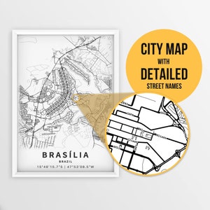 Brasilia, Brasilien Karte mit Strassennamen zum ausdrucken - zum sofortigen Download ~ Stadtplan ~ Stadt Poster ~ Strassenkarte Print