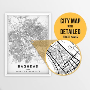 Bagdad, Bagdad Karte mit Strassennamen - Sofort Download ~ Karte ~ Strassen Karte ~ Poster ~ Strassen Karte Drucken ~ Karten Kunst