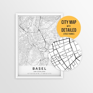 Peut inclure: Une carte de la ville de Bâle, en Suisse, en noir et blanc, avec les noms des rues détaillés. La carte comprend le nom et les coordonnées de la ville. Un encart circulaire met en évidence les détails des rues. Le texte "CITY MAP WITH DETAILED STREET NAMES" est affiché.