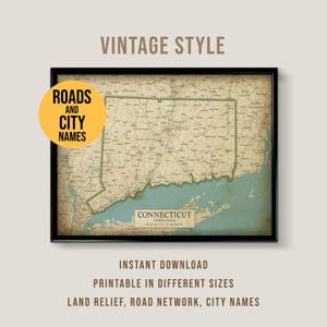 Puede incluir: Mapa de estilo vintage de Connecticut enmarcado en negro. El mapa muestra carreteras, nombres de ciudades y relieve. El texto "Connecticut United States" es visible. Textos adicionales: "Descarga instantánea" y "Imprimible en diferentes tamaños".
