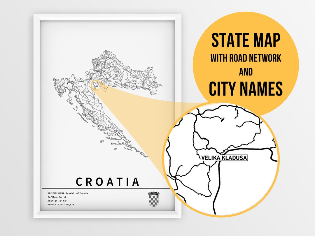 Printable map of croatia with city names instant download etsy