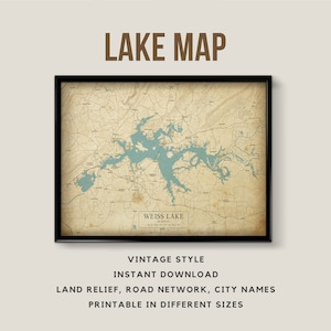 Vintage Stil Karte von Weiss Lake, Alabama, USA mit Städtenamen - zum sofortigen Download ~ Karte von Weiss Lake ~ Wandkunst ~ Printable Poster ~ Karte von Alabama Lake