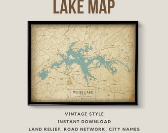 Vintage Style Map of Weiss Lake, Alabama, USA with City names - Instant Download \ Lake Map \ Wall Art \ Printable Poster \ Alabama Lake map