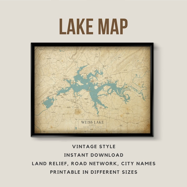 Vintage Style Map of Weiss Lake, Alabama, USA with City names - Instant Download \ Lake Map \ Wall Art \ Printable Poster \ Alabama Lake map
