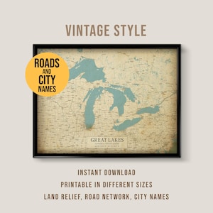 Mapa de estilo vintage de los Grandes Lagos, imprimible de alta calidad, póster de Erie, Ontario, lago Huron (descarga instantánea)