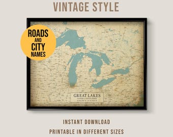 Great Lakes Vintage Style Map, Printable Superior, Erie, Ontario, Huron Lake House Poster (Instant Download)
